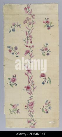 Fragment, Medium: Tempera on Silk technique: Imprimé et peint sur un tissage simple, tissu blanc moulu avec un dessin d'une tige centrale mince et de bourgeons de couleur rose avec des sprays floraux dispersés dans le vert, le bleu et la rose de chaque côté., Chine, 18e siècle, textile imprimé, teint et peint, fragment Banque D'Images