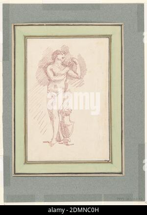 The Young Archer, une sculpture attribuée à Michel-Ange, planche 13 d'un album 'Dailes après la Sculpture', Jean-Robert Ango, français, actif à Rome 1759 – 1770, d. 1773, craie rouge sur papier blanc cassé, dessin d'un jeune homme face à l'avant, debout avec la jambe gauche déployée, tête tournée vers l'arrière sur l'épaule gauche. Son bras droit est montré atteignant par sa poitrine à la gauche et le bras gauche est en arrière pour piller les flèches d'un quiver sur son dos. Un vase se tient sur le côté de la figure., France, 1759–72, figures, dessin Banque D'Images