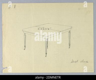 Conception pour une table à manger rectangulaire en acajou à quatre pattes, A.N. Davenport Co., Graphite sur papier fin et crème, dessus moulé rectangulaire avec civière de division traversant le centre, surélevé sur 4 pieds cannelés et de tenon sur roulettes., 24 septembre 1903, mobilier, dessin Banque D'Images