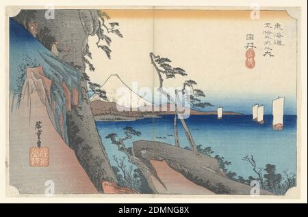 Yui, Sommet du Mont Satta, dans les cinquante-trois stations de la route Tokaido (Tokaido Gojuran Tsugi-no Uchi), Ando Hiroshige, japonais, 1797–1858, impression de blocs de bois à l'encre de couleur sur papier, à gauche, escarpées avec des pins et trois voyageurs. Au centre, les troncs de deux pins se croisent au-dessus de rochers à plateau plat. Droite, baie avec quatre bateaux à voile et au-delà qui est Fuji flanqué de gris sur les pentes inférieures., Japon, ca. 1834, paysages, Imprimer Banque D'Images