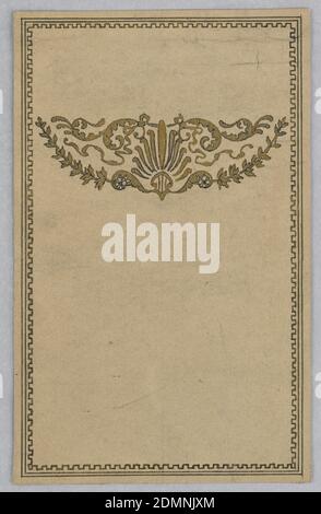 Design pour une couverture de livre, Alice Cordelia Morse, américaine, 1863–1961, peinture au pinceau et or sur papier, sur fond beige, décoration en or d'anthéion avec des reneaux; bordé de cadre de clé grecque., États-Unis, ca. 1890, conception graphique, dessin Banque D'Images