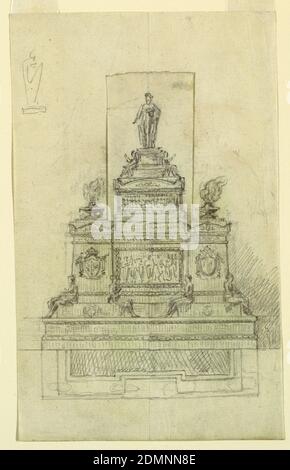 Design for a Monument, Giuseppe Barberi, Italien, 1746–1809, Graphite sur papier, UNE grande plinthe supporte trois piliers, la plus grande au centre supporte une figure debout. De chaque côté, un brazier fumeur. Ci-dessous, une tablette et quatre petites figures assis., Italie, 18e-19e siècle, architecture, dessin Banque D'Images