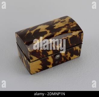 Kit d'écriture, tortoiseshell découpé et façonné sur noyau de bois, argent, verre (bouteilles), textile (intérieur), boîte rectangulaire en forme de tortoiseshell avec couvercle voûté (a), contenant puits d'encre (b), bouteille de sable (c), stylo (d), pointes de plume (e/f)., probablement Europe, 19e siècle, conteneurs, Arts décoratifs, kit d'écriture Banque D'Images