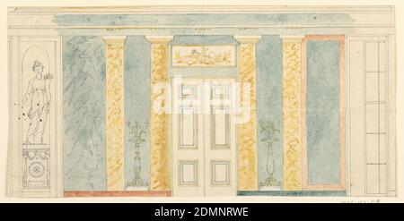 Wall Elevation, Frederick Crace, anglais, 1779–1859, stylo et encre noire, pinceau et bleu et jaune lave sur papier vélin, mur latéral avec porte centrale lambrissée, pilastres de marbre de chaque côté, fenêtre à l'extrême droite, statue dans une niche à gauche., 1815–22, intérieurs, dessin Banque D'Images