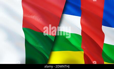 Madagascar and Central African Republic flags. 3D Waving flag design. Madagascar Central African Republic flag, picture, wallpaper. Madagascar vs Cent Stock Photo