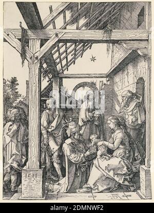 Adoration des Mages, Albrecht Dürer, allemand, 1471–1528, coupe de bois sur papier, la Vierge est assise à droite, face à gauche en profil. Elle tient l'enfant, debout sur ses genoux. Les trois Magi apparaissent devant eux, portant des cadeaux., Allemagne, 1511, figures, Imprimer Banque D'Images