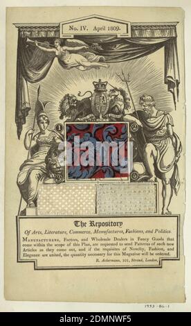 Page de l'entrepôt d'Ackermann, Moyen: Papier, coton et soie technique: Tissage simple imprimé et glacé; tissage simple avec trame flottante de chaîne; tissage simple avec des fils épais d'insertion de trame qui forment des côtes et des boucles, page imprimée unique du référentiel d'Ackermann n° IV, avril 1809. Trois échantillons textiles sont collés au centre de la page. Le plus grand est un coton imprimé et glacé en rouge, violet et bleu. Les deux autres échantillons sont une soie de couleur crème avec un motif de losange flottant, et le coton blanc avec des côtes horizontales avec un motif de boucle alternée., Angleterre, avril 1809, échantillons de livres Banque D'Images