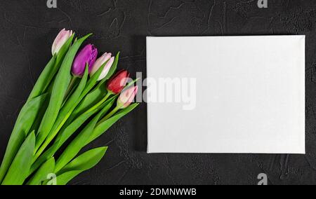 Composition florale avec de magnifiques tulipes sur fond noir. Bonne carte de Pâques ou pour les vacances de fête des mères. Banque D'Images