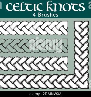 4 different versions of a brush with Celtic knots: with white filling, without filling, with shadows and with a black background. All brushes include Illustration de Vecteur