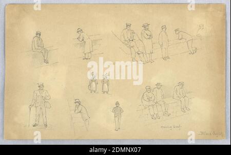 Figure Sketches at Blois, Arnold William Brunner, cuisine américaine, 1857–1925, Graphite et blanc accentuant sur papier gris-brun, diverses figures, figure masculine assise, penchée, regardant sur le mur de briques bas. En bas à gauche, homme avec chapeau, canne et sac debout. Centre, deux femmes marchant., États-Unis, 1883, figures, dessin Banque D'Images