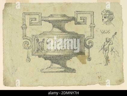Design pour un vase et une figure esquisses, Graphite, stylo et encre noire, pinceau et laver sur papier, à gauche, un vase avec des poignées de clés grecques avec des anneaux de goutte. Corps décoré avec une frise de figures. À droite, deux croquis de figural et un buste orienté à gauche., Europe, 1600–1650, sculpture, dessin Banque D'Images