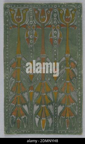 Design pour une couverture de livre, Alice Cordelia Morse, américaine, 1863–1961, pinceau et gouache sur papier, sur sol vert, trois plantes de bambou avec épines en blanc; bordé de cadre blanc en pointillés., États-Unis, ca. 1887–1903, conception graphique, dessin Banque D'Images