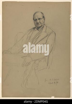 Robert L. Stuart assis, Daniel Huntington, américain, 1816–1906, Graphite sur papier vélin brun, trois quarts de longueur assis figure mâle tournée vers la gauche, face à la façade, portant des lunettes. Plus d'ombrage sur le visage, avec contour du corps., New York, New York, USA, 9 avril 1881, portraits, dessin Banque D'Images