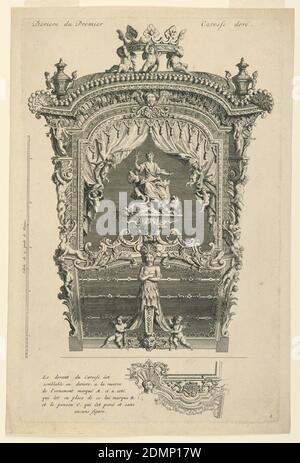 Vue arrière du premier chariot doré, Bernard Picart, 1673–1733, gravure à l'encre noire sur papier, rectangle vertical. La vue arrière avec une échelle, titre au-dessus et au-dessous, une description et la conception des variations sur les côtés et l'avant du chariot. La calèche a été conçue pour l'entrée de son Excellence le Duc d'Ossuna à Utrecht, en 1713. Sur le toit, trois putti soutiennent une couronne, une urne de chaque côté. Ci-dessous, dans une ouverture avec rideau, une femme assise, un lion et une cornucopia à ses pieds., France, 1713, Imprimer Banque D'Images