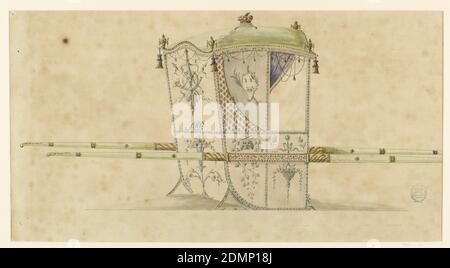 Design pour une chaise de berline, stylo et encre noire ; brosse et lavage gris, aquarelle rouge, verte et bleue sur graphite sur papier Havane, illustrée à partir du coin arrière droit avec deux barres. Sur le toit se trouve une couronne ducale. Dans les coins, tenez les couronnes et suspendez les glands. Les franges et les cordes avec des glands et des festons charnels pendent du bord supérieur. Le panneau à côté de la fenêtre est divisé en deux parties par un défilement partant du coin inférieur droit et s'étendant jusqu'au coin supérieur gauche. Dans la partie droite se trouve un cache avec deux mains de cisaillement (?) et un nain croisé avec une branche de palmier. Banque D'Images