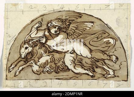 Capricorne, Lunette pour le plafond de la Sala Ottagonale, Palazzo Milzetti, Faenza, Felice Giani, Italien, 1758–1823, encre stylo et marron, pinceau et brun clair laver sur graphite sur papier blanc couché, putto ailé couché sur chèvre dans une demi-lune., Faenza, Italie, 1804–05, intérieurs, dessin, dessin Banque D'Images