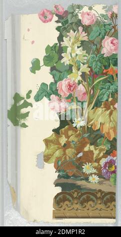 Jardin d'hiver, Jules Desfossé, français, actif 1851 - 1863, Edouard Müller, français, 1823 - 1876, papier imprimé en bloc, Haut, épais amas de fleurs et de feuilles provenant de la terre brune au fond. Les fleurs, aux couleurs vives, sont des roses, des tuberoses, des pâquerettes, des coquelicots, des gloires du matin et d'autres. La base du piédestal qui apparaît dans la décoration au-dessus de cette dado peut être vue de faible, sur terrain blanc., Paris, France, 1853, Wallcovers, Dado, Dado Banque D'Images