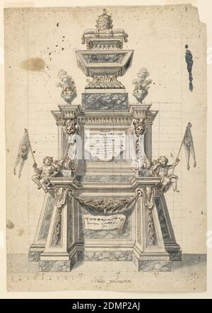 Design pour une catafalque pour le service commémoratif d'un Pape, probablement Clément XI, stylo et encre noire, pinceau et sépia, aquarelle grise sur papier, UNE structure en forme de tour, avec, sur le dessus, la couronne papale étagée sur deux coussins. Deux anges pleurs avec des normes, la gauche représentant la couronne, la droite représentant les armoiries de Clément XI (seulement le bouclier avec les charges)., Italie, 1721, architecture, dessin Banque D'Images