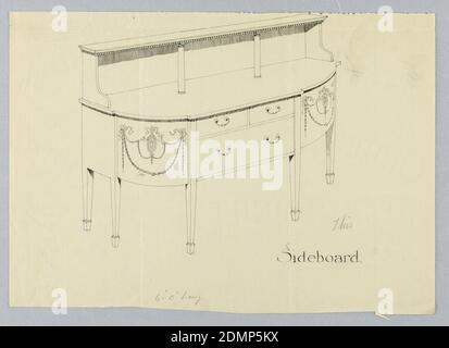 Design pour panneau latéral avec étagère supérieure et motifs néo-classiques aux angles arrondis, A.N. Davenport Co., stylo et encre noire sur papier crème fin, panneau latéral oblong avec 6 pattes de fixation droites; à l'avant, 3 tiroirs disposés en 2 rangées, flanqués de coins arrondis avec motifs néo-classiques incrustés: Médaillons de patera suspendus sur des rubans attachés et guirlandes de fleurs de cloches; Tablette supérieure soutenue par un dosseret et 2 colonnes avant avec volutes., 1900–05, mobilier, dessin Banque D'Images