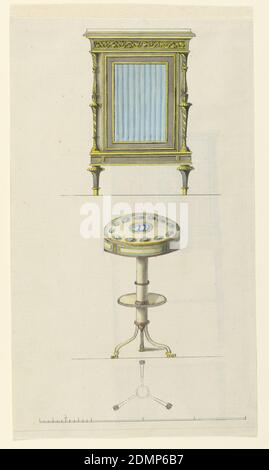 Conception pour une armoire et une table sur pied, stylo et encre, pinceau et aquarelle, en haut d'une armoire sur les pieds bas, avec dessus plat flanqué de colonnes engagées, et destiné à être partiellement doré. Panneau central ouvert, bleu derrière. Ci-dessous, table sur pied circulaire, avec le haut destiné à être orné de médaillons bleus et blancs. La tablette inférieure a trois pieds et ci-dessous montre une table et une balance., France, 1785, dessin Banque D'Images