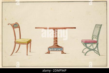 Deux chaises et une table, Jean Démosthène Dugourc, français, 1749–1825, pinceau et aquarelle, stylo et encre noire, graphite sur papier blanc, table circulaire soutenue par une colonne cannelée ornée de serpents en relief. Base montrant la frise des figures classiques en blanc sur sol bleu, la table se termine avec les pieds des femmes. Table d'appoint, à gauche, chaise avec dossier incurvé, médaillon ovoïde sur le rail supérieur. Chaise droite à cadre en X peint en vert, attelle arrière en style de trasery gothique., France, 1790, mobilier, dessin Banque D'Images