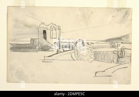 Étude pour 'Searchlight, Harbour Entrance, Santiago de Cuba', Winslow Homer, American, 1836–1910, crayon sur papier, vue horizontale du canon a et vue partielle d'une seconde sur le parapet du fort espagnol, Morro Castle, dominant le premier plan et le port de Santiago de Cuba visible en arrière-plan. Santiago de Cuba, Cuba, ca. 1901, paysages, dessin Banque D'Images