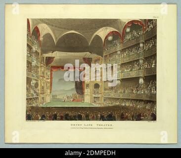 Drury Lane Theatre de Ackermann's Repository, Thomas Rowlandson, britannique, 1756–1827, Augustus Charles Pugin, français, Grande-Bretagne active, ca. 1762–1832, John Bluck, britannique, 1791–1832, Ackermann’s, Londres, Angleterre, encre noire avec aquarelle sur papier, rectangle horizontal. Vue arrière du théâtre faisant face à la scène. Boîtes remplies et plancher. Jeu romain en cours. Titre, noms des artistes et des éditeurs ci-dessous., Europe, 1808, théâtre, Imprimer Banque D'Images