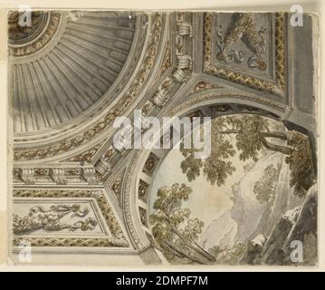 Projet pour un plafond oblong peint, encre stylo et marron, pinceau et vert, gris, et brun lavage sur papier, doublé de papier blanc lourd texturé avec cadre lithographié et lignes géométriques en stylo et encre noire sur graphite, représentation d'un quart d'un plafond vu de dessous. Vue dans une coupole avec un tambour cannelé. Le dôme repose sur l'entablature octogonale. Ses côtés sont soutenus par des arches à travers lesquelles les paysages peuvent être vus. Les panneaux du parapet sur les côtés sont décorés de paires de festons se soutenant., Italie, 1800–1815, intérieurs, dessin Banque D'Images