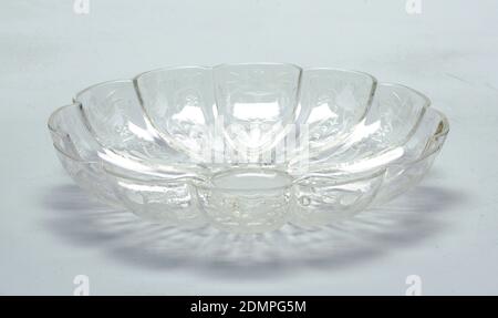 Birds of Paradise, Ludwig Lobmeyr, Austrian, 1829 - 1917, J. & L. Lobmeyr GmbH, Vienna, Austria, founded ca. 1935, Glass, Engraved with delicate foliate design, featuring stylized flowers and birds and a scalloped edge of plate., Austria, ca. 1870, glasswares, Decorative Arts, Plate, Plate Stock Photo