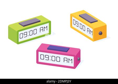 Horloge de bureau numérique isométrique. Illustration vectorielle d'une alarme électronique au chevet ou d'une montre professionnelle. Illustration de Vecteur