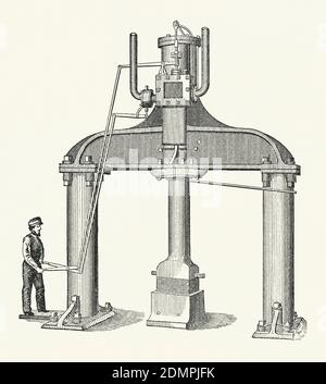 Une ancienne gravure du marteau à vapeur à châssis haut des années 1800. Il est issu d'un livre victorien d'ingénierie mécanique des années 1880. Un marteau à vapeur (ou marteau burineur) est un marteau à moteur industriel entraîné par de la vapeur qui est utilisé pour des tâches telles que le façonnage de forges et de pieux d'entraînement. Le marteau est généralement fixé à un piston qui coulisse dans un cylindre fixe. Cette version a plus que l'espace de travail habituel autour de l'enclume. James Watt a décrit le concept du marteau à vapeur en 1784, mais ce n'est qu'en 1840 que le premier marteau à vapeur en service a été construit. Banque D'Images