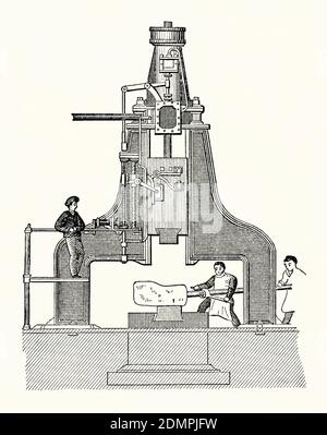Une vieille gravure du marteau à vapeur de Nasmyth c. 1850. Il est d'un livre victorien de génie mécanique des années 1880. Un marteau à vapeur (ou marteau burineur) est un marteau industriel utilisé pour façonner les forges. Le marteau est généralement fixé à un piston qui coulisse dans un cylindre fixe. Ici, deux hommes lèvent le fer chaud pour le mettre en place sur l'enclume sous le marteau. James Watt décrit le marteau à vapeur en 1784, mais c'était en 1840 que le premier marteau à vapeur en service a été construit. En 1843, il y a eu un différend entre François Bourdon de France et James Nasmyth de Grande-Bretagne sur qui l'avait inventé. Banque D'Images