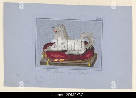 Motif pour le travail de laine de Berlin, Spitz, P. Trübe, Berlin, Allemagne, pinceau et gouache sur papier à feuilles de terre gris-bleu, motif brodé avec un chien de type Spitz blanc, vu dans le profil gauche, allongé sur un coussin rouge, garni de glands jaunes., Berlin, Allemagne, ca. 1850, dessins textiles, dessin Banque D'Images