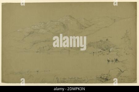 Esquisse de paysage, Mount Desert, Maine, Daniel Huntington, américain, 1816–1906, crayon noir et blanc, graphite sur papier gris-brun, étang en premier plan et rive, droite. Au-delà de la montagne. Note ci-dessous avec date., 19 août 1856, paysages, dessin Banque D'Images