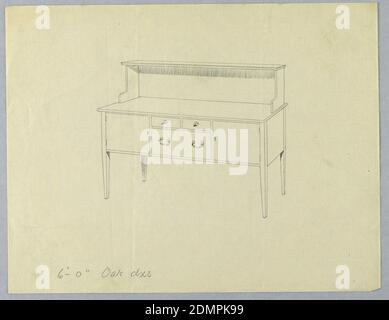 Conception pour panneau latéral avec plateau supérieur supporté par des volutes, A.N. Davenport Co., Graphite sur papier crème fin, panneau latéral rectangulaire avec quatre pattes de fixation droites; avant tripartite avec trois tiroirs en deux rangées au centre, flanqués par une porte/armoire de chaque côté; dos allongé et volutes en forme de « L » pour soutenir la tablette supérieure., 1900–05, mobilier, dessin Banque D'Images