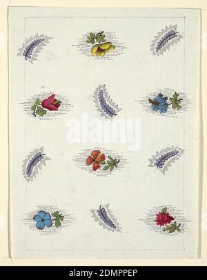 Motif floral pour le textile imprimé, Louis-Albert DuBois, Suisse, 1752–1818, pinceau et gouache, graphite sur papier vélin blanc, motifs fleurs et feuilles épars avec motif à pois fins., France, 1800–1818, dessins textiles, dessin Banque D'Images