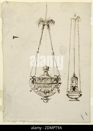 Deux censeurs, stylo et encre brune, brosse et lavage brun, encre grise sur papier blanc cassé, deux censeurs décorés d'aigles à double tête. En haut du censeur gauche, une fontaine forme., Italie, ca. 1800, métallurgie, dessin Banque D'Images