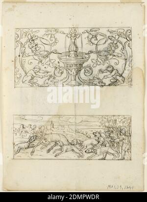 Grotesque Designs and Hunt Scene, Charcoal, stylo et encre sur papier, ci-dessus, un panneau grotesque symétrique avec une fontaine. Ci-dessous, un hounds attaque un cerf dans un paysage., Italie, début du XVIIe siècle, grotesques, dessin Banque D'Images