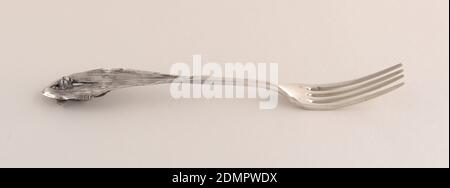 Dessert fork, Charles Victor Gibert, French, Silver, Handle in the form of a monkey poking its face through large parted leaves., ca. 1890, cutlery, Decorative Arts, Dessert fork Stock Photo