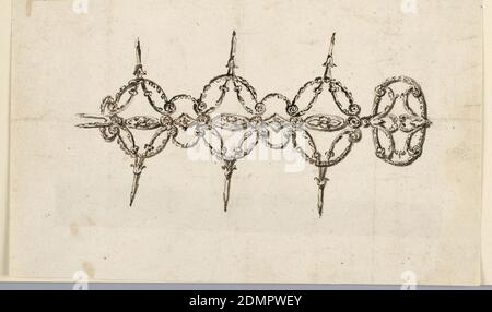 Design pour un bracelet, stylo et encre, pinceau et sépia laver sur papier, rectangle horizontal. Trois parties, chacune composée de lozenges, formées par de longues tiges dont la feuille vole le ressort. Les volutes de chaque côté sont reliées par des festons, et les volutes voisines des différentes parties sont reliées par des festons plus petits. Le centre des pièces et des connexions consiste en une chaîne formée par des ovales et des losanges alternés reliés par des disques. Le fermoir est une guirlande ovale avec deux palmettes., Rome, Italie, 1830–40, bijoux, dessin Banque D'Images