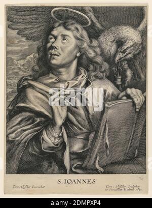 Saint Jean l'évangéliste (S. Ioannes), Cornelis Visscher, Netherlandish, 1629-1658, gravure sur papier ponté, stands de St. John, tête tournée vers la gauche, en regardant vers le haut. Derrière lui à gauche, un paysage suggère que le Saint se trouve sur l'île de Patmos. Dans sa main droite, il tient son stylo prêt à écrire le Livre apocryphe des révélations, qu'il tient dans sa main gauche. Derrière lui, à droite, vole son attribut, l'aigle qui porte le pot d'encre dans son bec et protège le Saint avec son aile surtendue., pays-Bas, 1650, conception graphique, Imprimer Banque D'Images