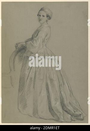 Etude de Sophia Chew pour 'The Republican court' (Lady Washington's Reception Day), Daniel Huntington, américain, 1816–1906, Graphite, craie blanche sur papier vélin gris, femme debout, son corps tourné vers la gauche, regardant par-dessus son épaule gauche au spectateur. Ses mains sur le dos d'un fauteuil., USA, 1860, figures, dessin Banque D'Images