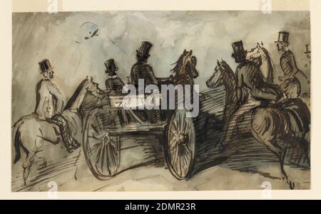 A Carriage and Three Riders, Constantin Guys, Français, 1802 – 1892, encre stylo et brune, pinceau et lavage brun et noir, aquarelle bleue sur papier vélin, rectangle horizontal. Un gentleman qui conduit un chariot à deux roues pour chiens avec un marié. Un homme à cheval à sa gauche et deux à sa droite. Tous les hommes portant des chapeaux en soie haute et vu dans trois quart de vue arrière., France, ca. 1858, figures, dessin Banque D'Images