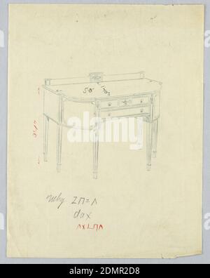 Design pour panneau latéral avec motifs de vase néo-classique, A.N. Davenport Co., Graphite sur papier crème fin, panneau latéral oblong avec coins arrondis et 6 pieds coniques droits; devant droit avec 3 tiroirs disposés en 2 rangées, motif de vase kylix entre 2 petits tiroirs; tiroirs flanqués par des bandes verticales étroites avec des motifs de vase néo-classique mince; fond moulé avec panier de fruits [?] Motif sur plaque centrale, 1900–05, mobilier, dessin Banque D'Images