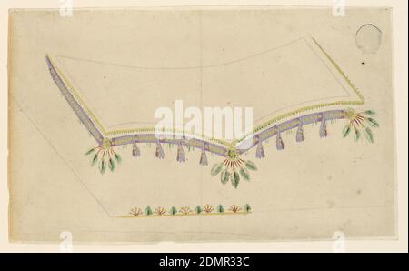 Motif pour gilet brodé, motif 1919 de fabrique de St. RUF, L. V., graphite, pinceau et gouache sur papier blanc couché, UNE feuille et une plante alternent le long des bords extérieurs. Le bord extérieur de la poche est constitué d'un motif ceinture avec des petits pains de feuilles suspendus., France, ca. 1785, broderie et couture, dessin Banque D'Images