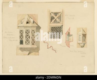 Rendu de deux lanternes en pierre, du château d'Amboise, France, Whitney Warren Jr., cuisine américaine, 1864–1943, Graphite, pinceau et aquarelle sur papier, à gauche, élévation montrant trois côtés d'un octogone avec base et toit pointés. Centre supérieur, vue détaillée de deux panneaux avec porte en fer et tracery en pierre; ci-dessous, moitié de la section de la base., États-Unis, 14–15 juin 1888, architecture, dessin Banque D'Images