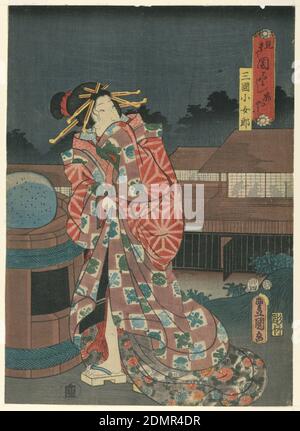 Geisha, Utagawa Kunisada, japonais, 1786 – 1864, imprimé Woodblock à l'encre de couleur sur papier, Utagawa Kunisada est l'un des graveurs ukiyo-e moins connus, mais il n'est pas moins talentueux que ses contemporains Hokusai et Hiroshige. Herem les dessins architecturaux, la marque de bois dans le ciel nocturne, et l'ampleur des couleurs et des imprimés dans le kimono de geisha sont de nombreux exemples de la façon dont Kunisada est tout aussi talentueux. Kunisada est surtout connu pour représenter des femmes, des acteurs kabuki et des couples dans les thrawls de l’amour., Japon, 1855, théâtre, Imprimer Banque D'Images