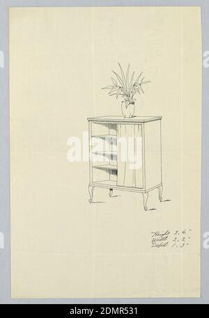 Conception pour armoire à quatre pattes avec rideau, A.N. Davenport Co., stylo et encre noire sur papier crème fin, armoire rectangulaire avec dessus moulé et avant ouvert, relevée sur 4 pieds en forme de spirale; trois étagères intérieures, partiellement cachées derrière le rideau à droite; usine en pot au-dessus de l'armoire., 1900–05, mobilier, dessin Banque D'Images