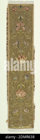 Panel, Medium: silk, artificial pearls, silver and gold metallic thread on linen Technique: embroidered on plain weave, A vertical panel with a design of scrolling bands and stems with flowers and leaves worked in shades of pink, blue, lavender, green and black with gold and silver thread and and pearls on a ground on couched gold. Trimmed with ball fringe., Italy, 19th century, embroidery & stitching, Panel Stock Photo