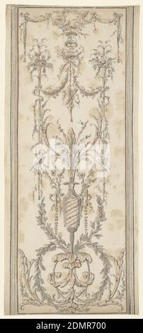 Design pour un panneau décoratif, Gilles Paul Cauvet, français, 1731–1788, stylo et encre, pinceau et aquarelle sur papier, panneau arabesque composé d'une urne au centre, germe d'une base composée de feuilles d'acanthus et de tendrils de vigne., France, 1777, dessin Banque D'Images